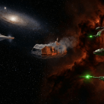 Starfleet ship approaching Kobayashi Maru with Klingon ships watching