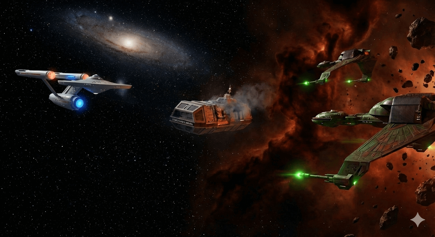 Starfleet ship approaching Kobayashi Maru with Klingon ships watching